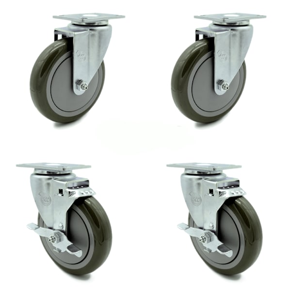 5 Inch Gray Polyurethane Wheel Swivel Top Plate Caster Set with 2 Brakes SCC